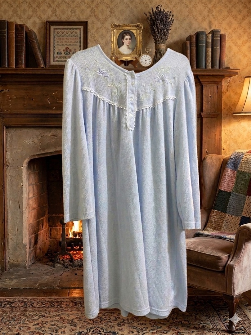 Miss Elaine Light Blue Embroidered Grandma Core Cottage Core Long Nightgown